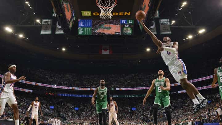 Tyrese Maxey #0 of the Philadelphia 76ers drives to the basket during the game against the Boston Celtics during Round One Game Seven of the 2026 NBA Playoffs on May 2, 2026 at TD Garden in Boston, Massachusetts.