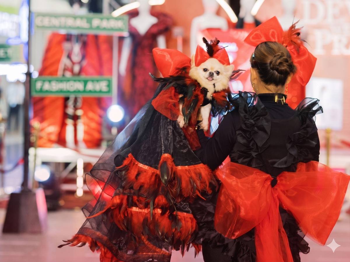 A PARTICIPANT carries a small dog dressed in a feathered red-and-black ensemble during the 'Paws on the Runway' showcase at SM J Mall, highlighting coordinated fashion styling for pets and owners.