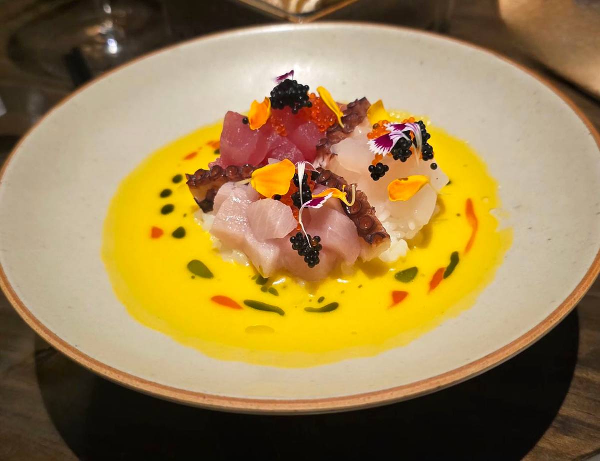 SASHIMI, smoked yellow tiger milk, quinoa cracker.