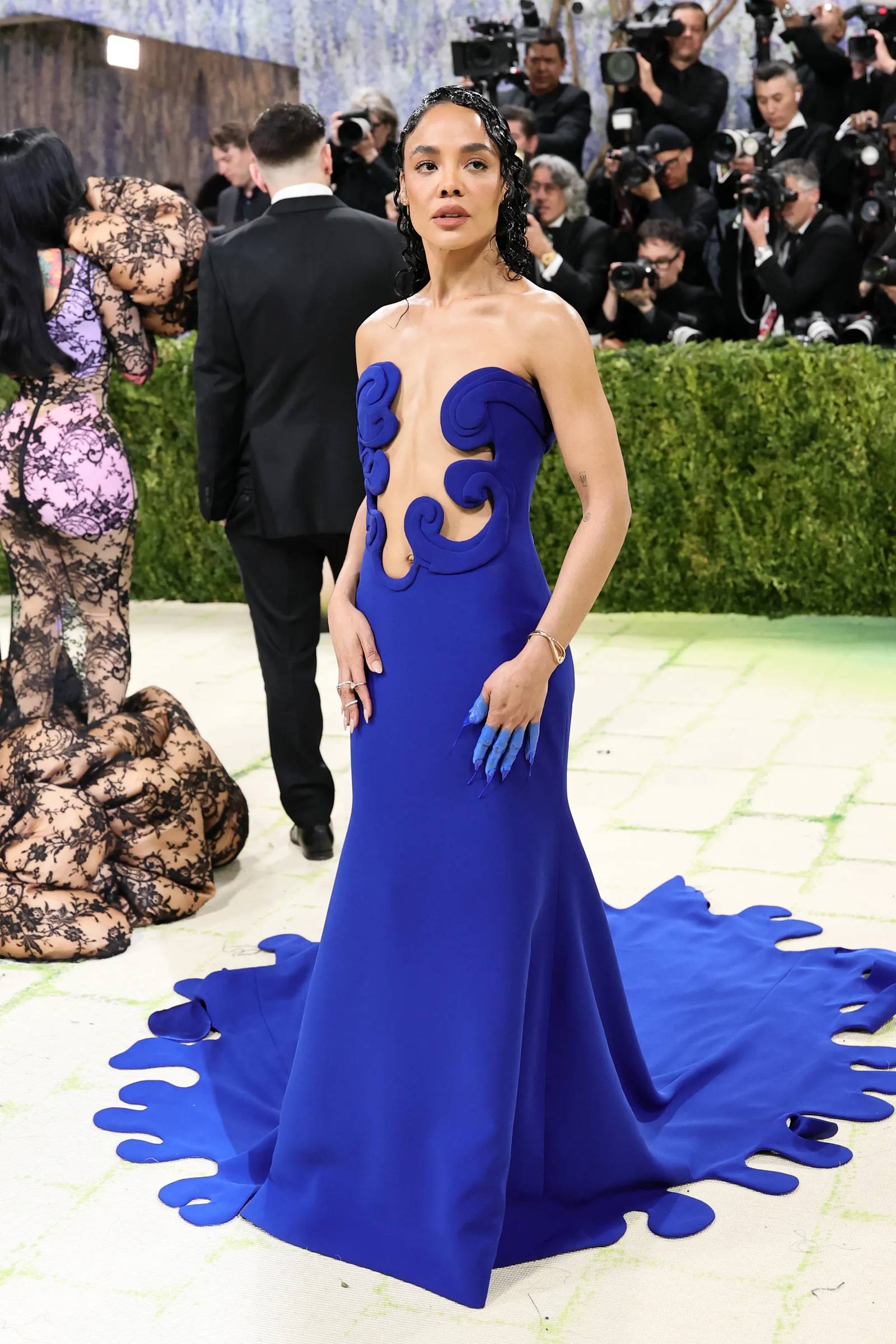 Could Tessa Thompson be feeling blue in a Valentino dress and paint-dipped nails?