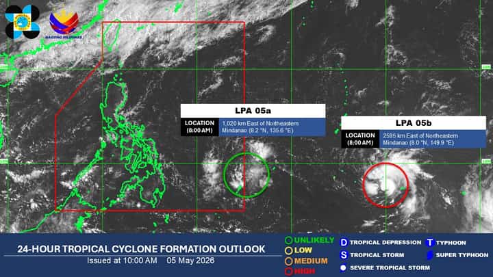 24-hour Tropical Cyclone Formation Outlook of LPA 05a and 05b from DOST-PAGASA issued at 10:00 A.M., 05 May 2026.