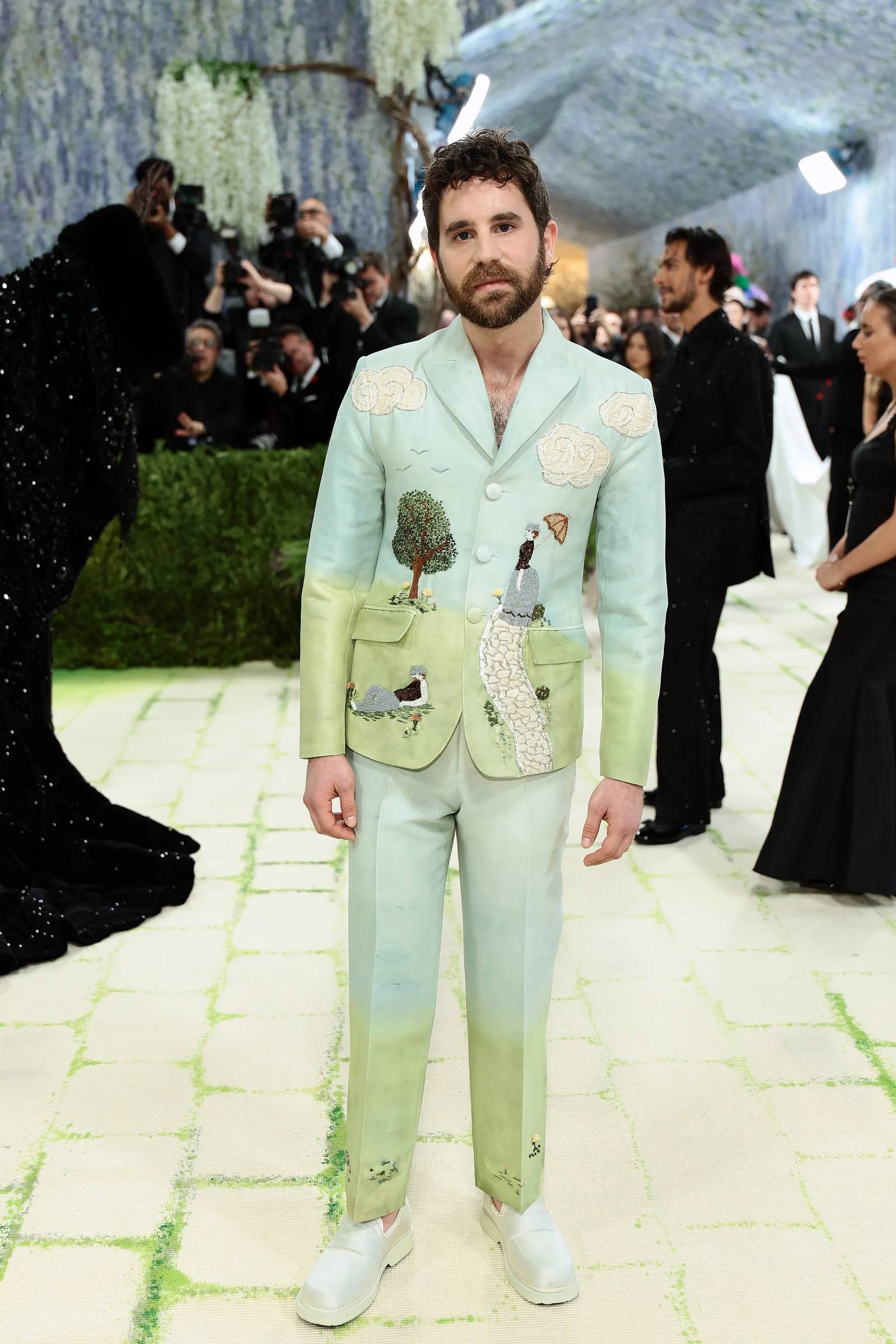 Actor Ben Platt's hand painted suit by Tanner Fletcher is giving whimsical art.
