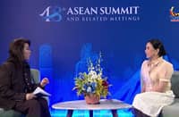 DTI Secretary Christina Roque (right) sits for an interview with broadcast journalist Cathy Yang at the International Media Center, Mactan World Museum, Lapu-Lapu City, Cebu.