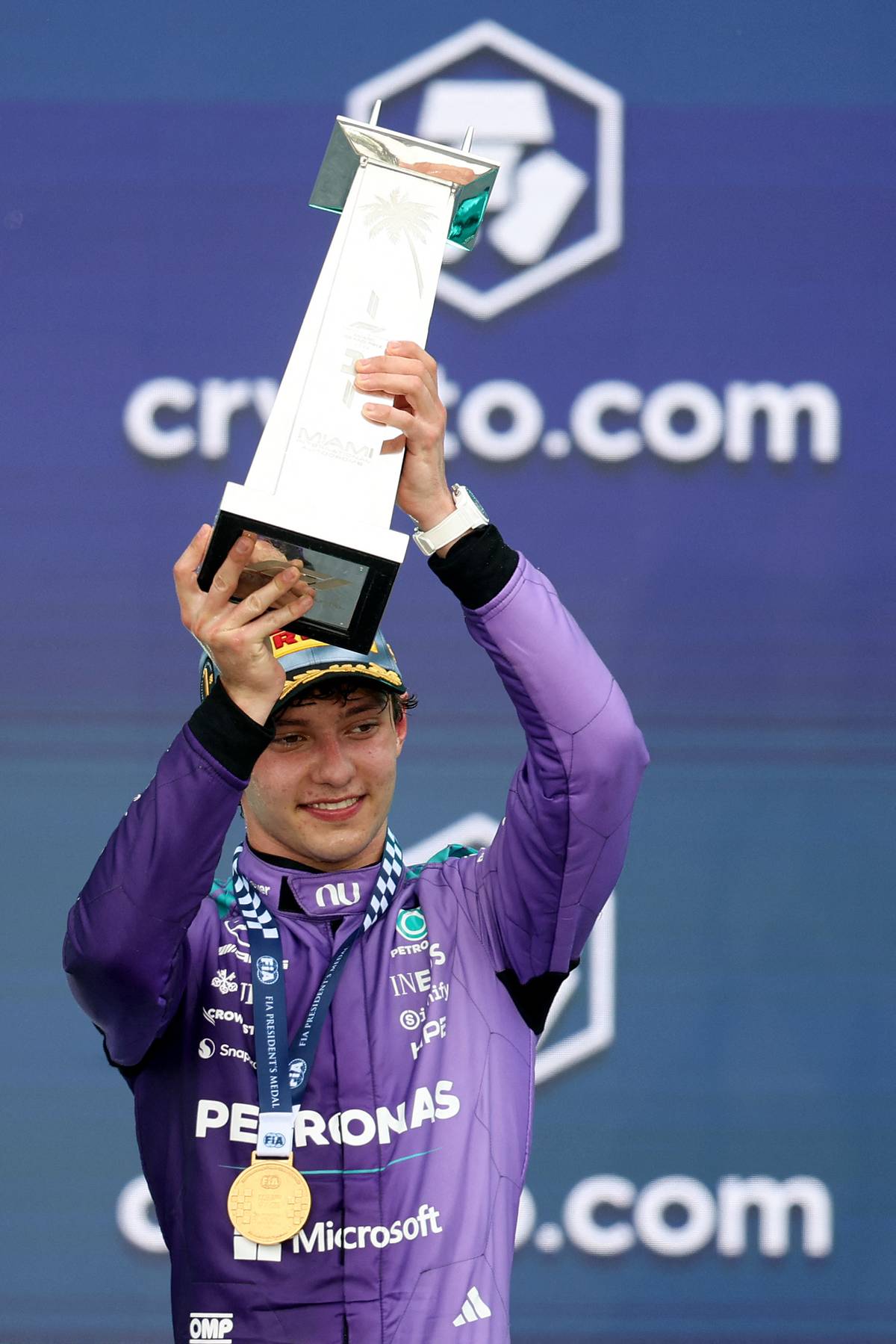 MERCEDES celebrates another breakthrough as Kimi Antonelli lifts the winner’s trophy following his third consecutive race win.