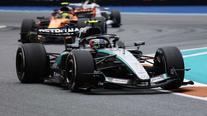 ANTONELLI leads McLaren’s Lando Norris during the Miami Grand Prix, where the Mercedes rookie claimed his third straight Formula One victory.