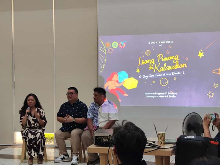 (From left to right) Dr. Gay Jane Perez, writer Eugene Y. Evasco, and illustrator Henrick Dulin at the book launch event of "Isang Puwang sa Kalawakan: Si Gay Jane Perez at ang Diwata-1" at the UP Diliman College of Science, Quezon City Friday.