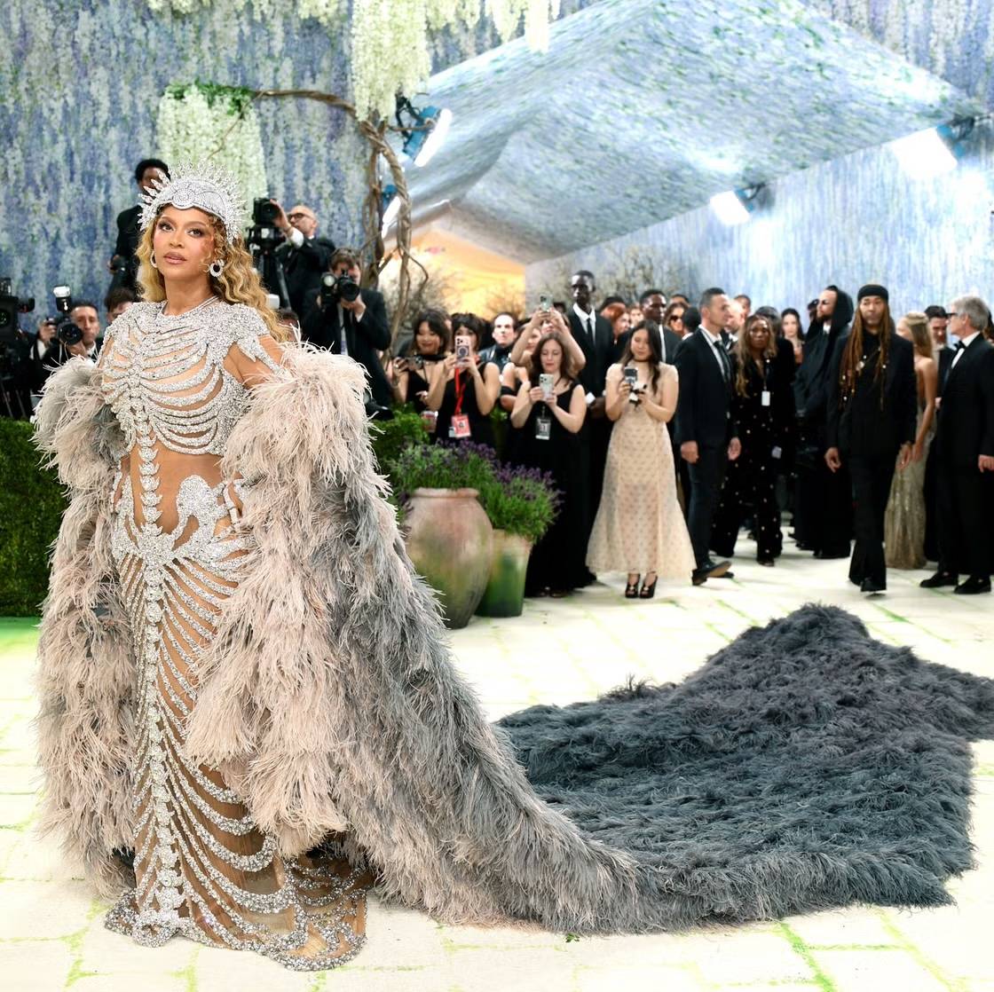 MET Gala 2026 co-chair Beyoncé was resplendent in a jewel-encrusted skeleton-inspired Olivier Rousteing dress and a $50-million diamond.