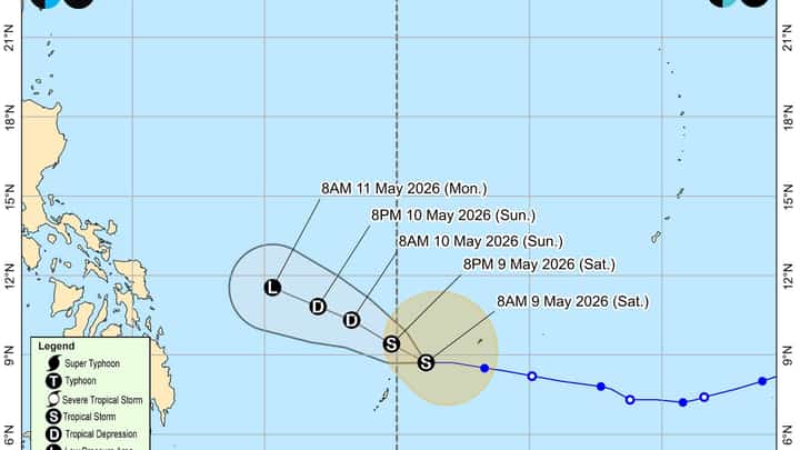 Track and intensity forecast from PAGASA of the Tropical storm Hagupit as of 11 A.M., 09 May 2026, which shows the weather disturbance weakening as it enters the Philippine Area of Responsibility (PAR).