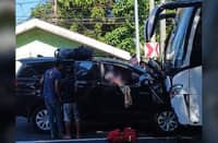 TWO passengers are killed and nine others injured following a collision between a passenger bus and a Toyota Innova along the Maharlika Highway in Barangay Rangas, Juban, Sorsogon, on Monday.