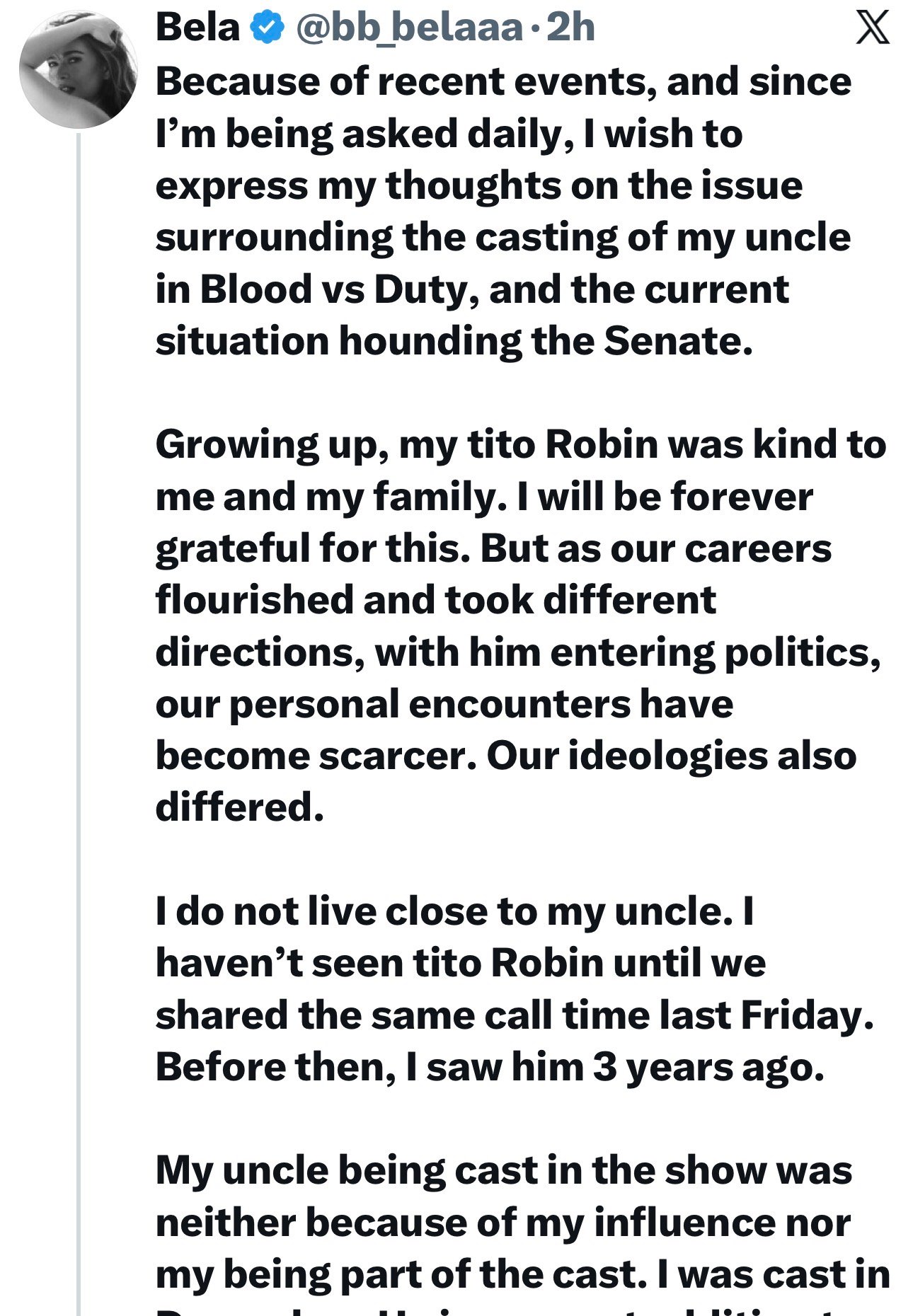 Bela Padillas post on X