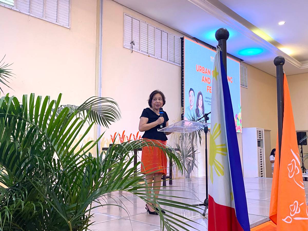 Former senator Cynthia Villar speaking at the 11th Urban Gardening and Cooking Festival on 14 May at the Villar Foundation Complex