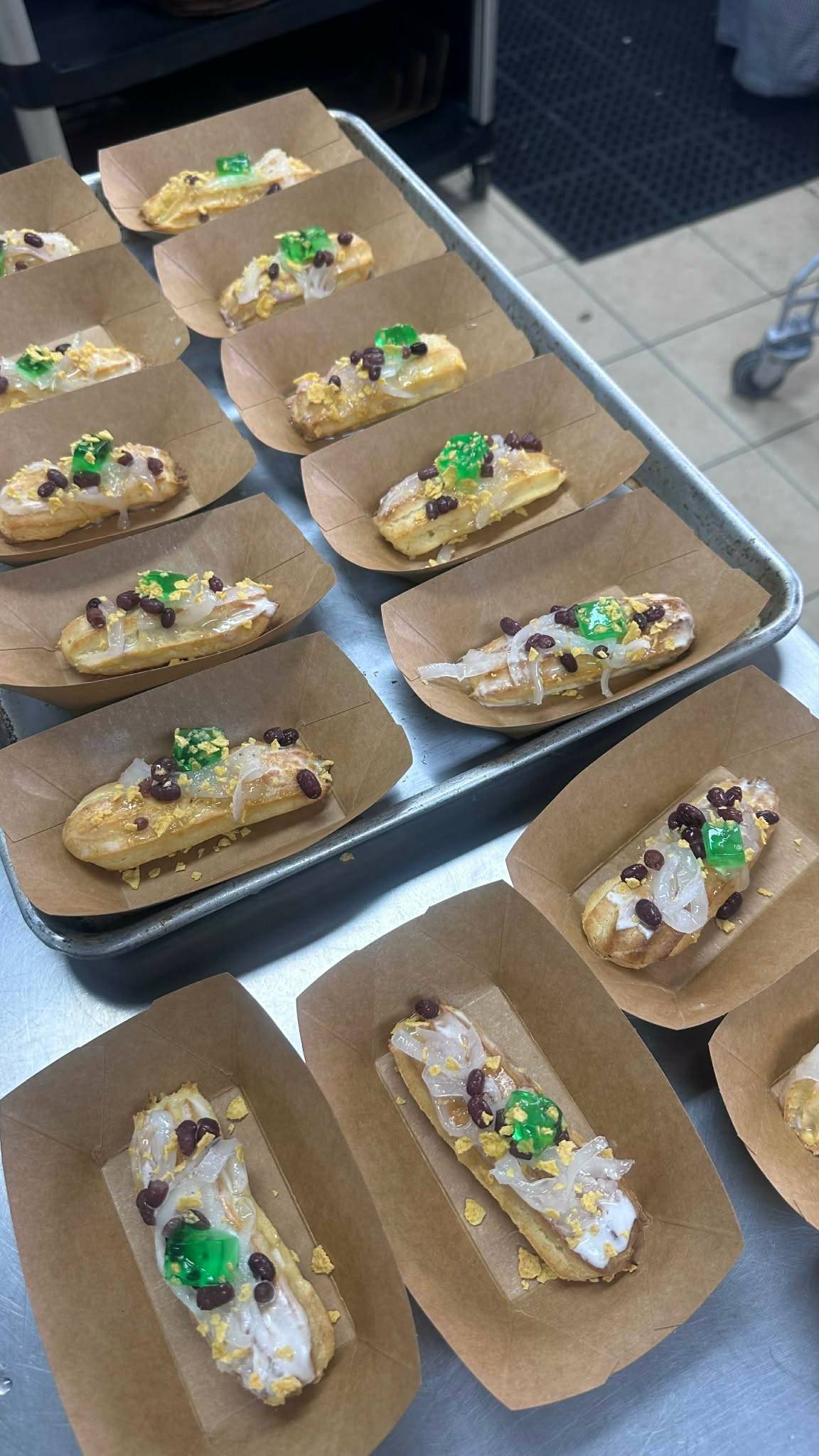 ‘ÉCLAIR sa Halo,’ a halo-halo-inspired éclair made with crisp choux pastry and filled with creamy ube and leche flan custard.