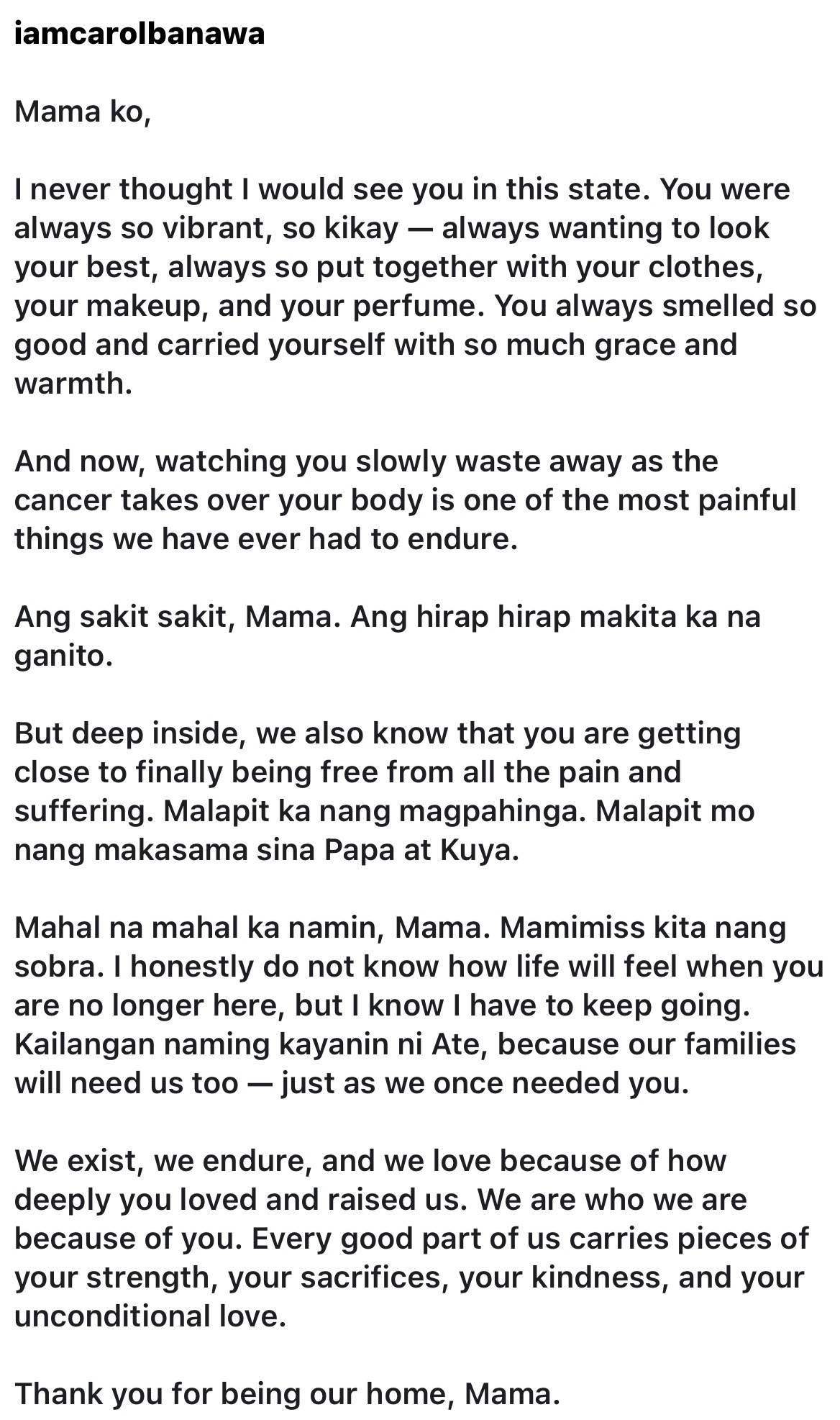 Carol Banawas heartfelt letter posted in IG