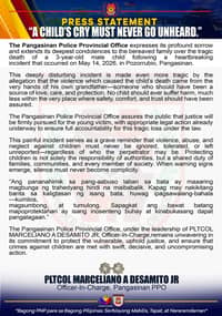 A 3-year-old boy in Pozorrubio, Pangasinan, has died from injuries allegedly inflicted by his grandfather, prompting a deeper police investigation. Authorities urge the public to report any signs of child abuse or neglect immediately and highlight hotlines for emergency assistance to help prevent similar tragedies.