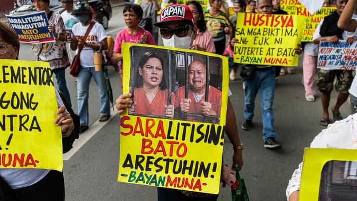 Progressive groups troop to the Senate in Pasay City on Sunday, 18 May 2026, calling for the impeachment of Vice President Sara Duterte as the Senate convenes as an impeachment court for Duterte’s trial.