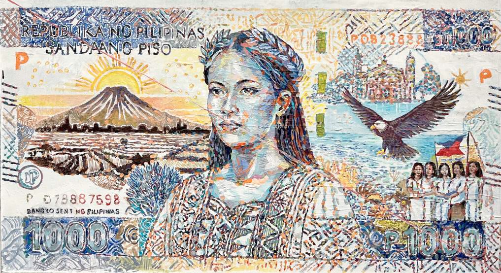 ‘FILIPINO Peso,’ 126 x 72 cm, acrylic on canvas, 2025.