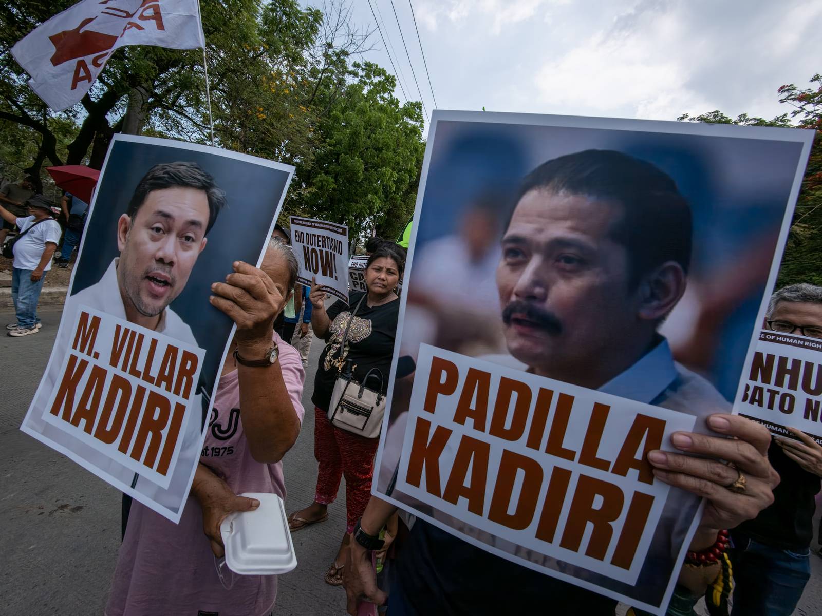 Human rights advocates march toward the Philippine Senate in Pasay City on 18 May 2026, as the chamber prepares to convene as an impeachment court against Vice President Sara Duterte. The protesters are demanding accountability for the escape of International Criminal Court fugitive Senator Ronald "Bato" Dela Rosa, who slipped away while under the Senate's protective custody.