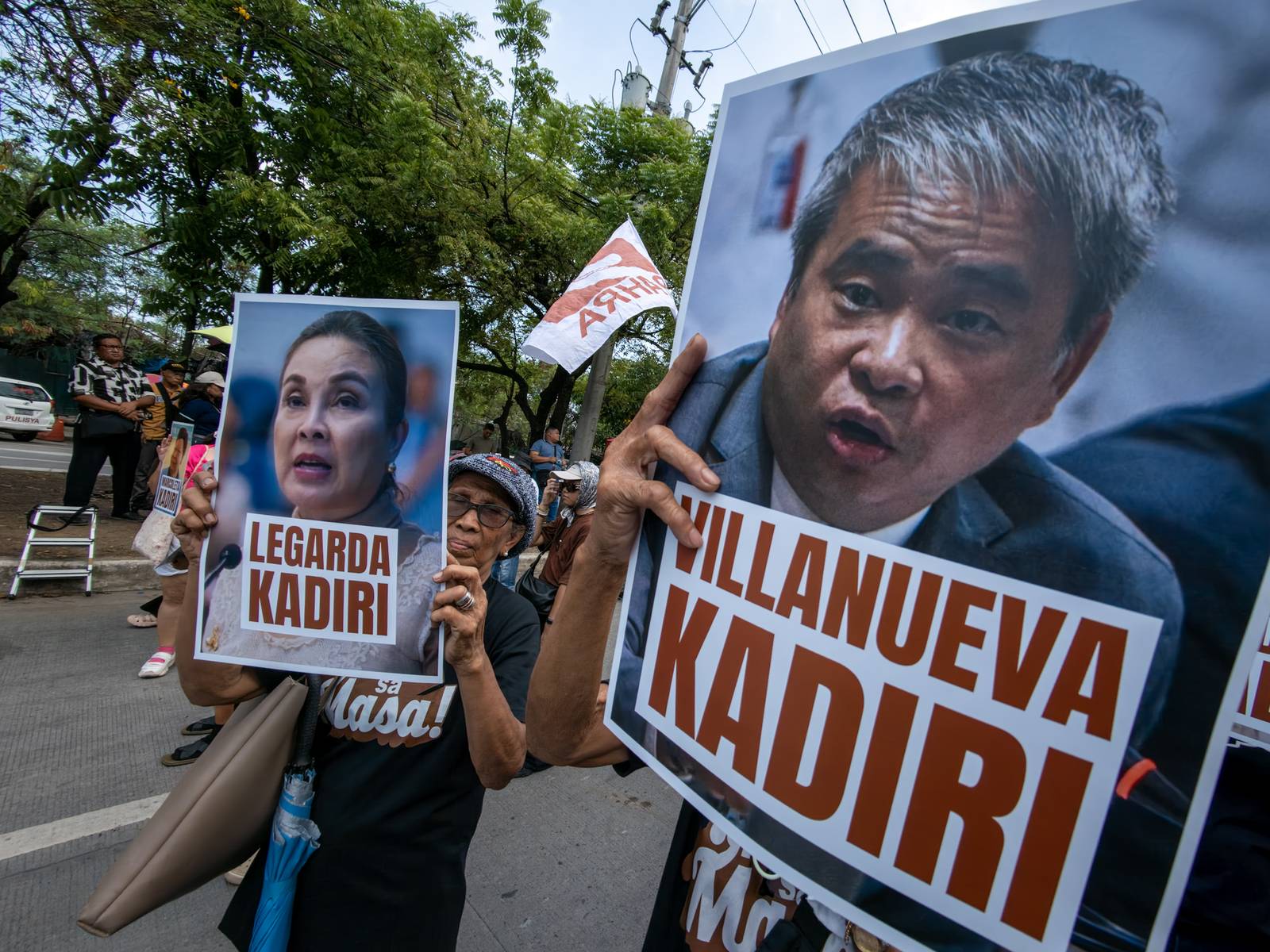 Human rights advocates march toward the Philippine Senate in Pasay City on 18 May 2026, as the chamber prepares to convene as an impeachment court against Vice President Sara Duterte. The protesters are demanding accountability for the escape of International Criminal Court fugitive Senator Ronald "Bato" Dela Rosa, who slipped away while under the Senate's protective custody.