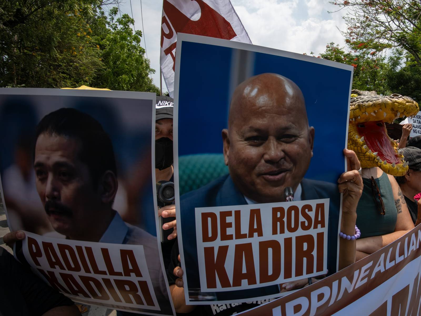 Human rights advocates march toward the Philippine Senate in Pasay City on 18 May 2026, as the chamber prepares to convene as an impeachment court against Vice President Sara Duterte. The protesters are demanding accountability for the escape of International Criminal Court fugitive Senator Ronald "Bato" Dela Rosa, who slipped away while under the Senate's protective custody.