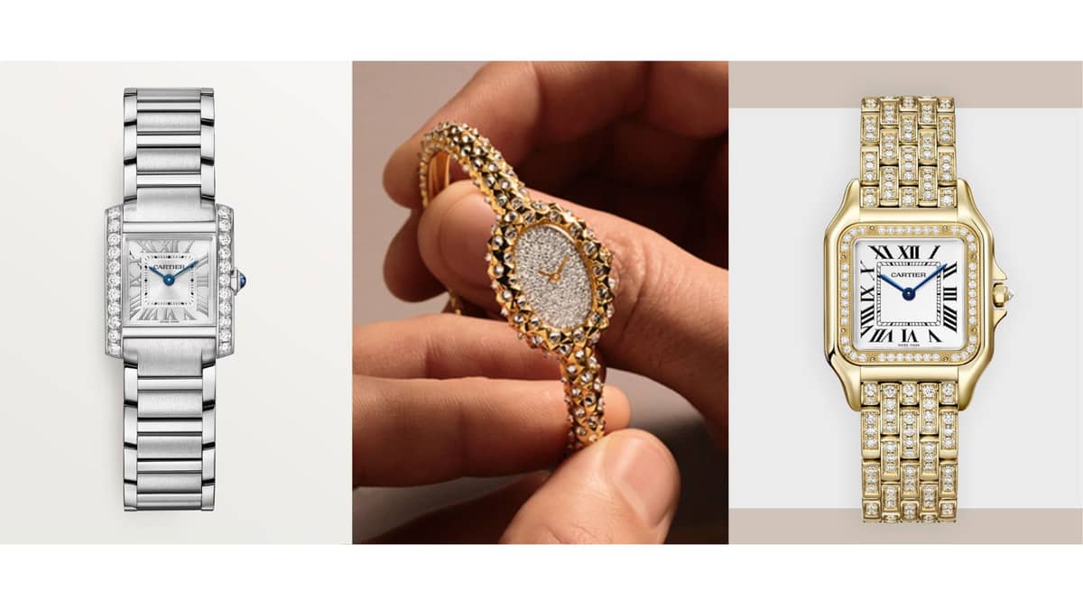 Diamond-encrusted designs of the Cartier Tank, Baignoire, and Panthere de Cartier do double duty as timepiece and jewelry