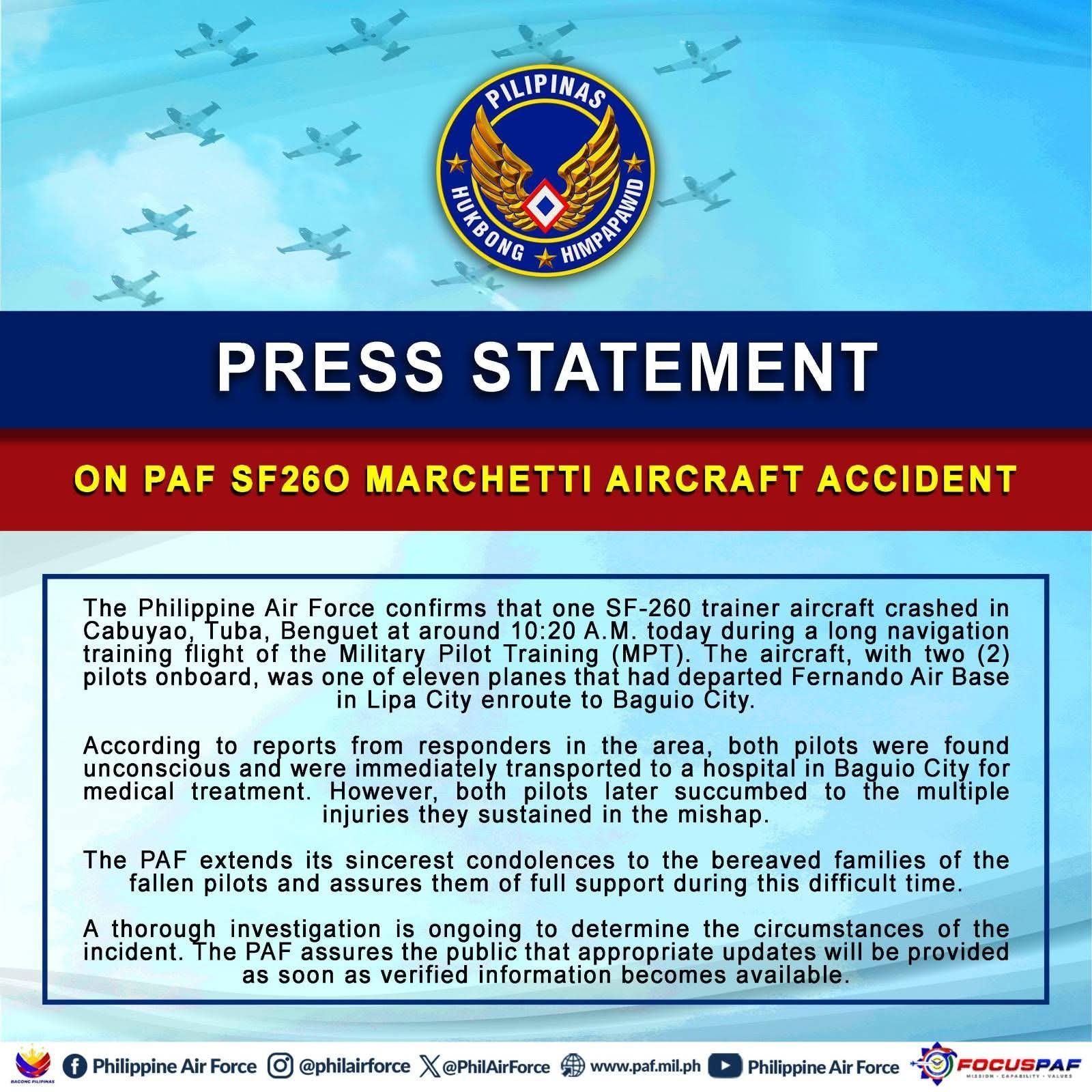 PAF confirms death of two pilots in plane crash in Benguet 