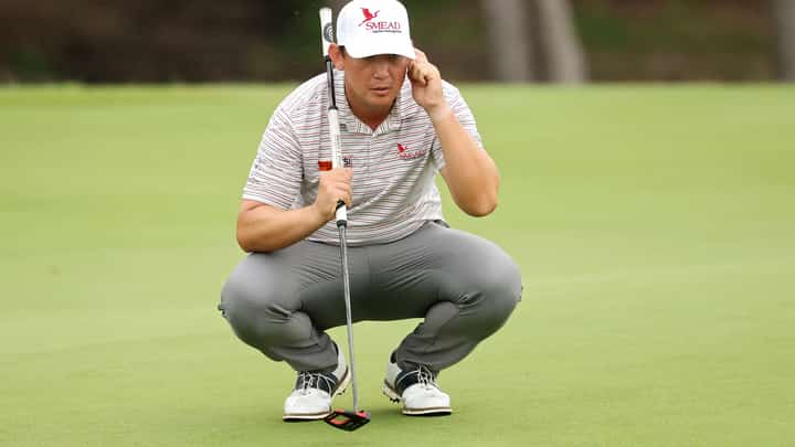 RICO Hoey lines up a putt on the ninth green during the first round of the CJ Cup Byron Nelson 2026 at TPC Craig Ranch on Thursday.