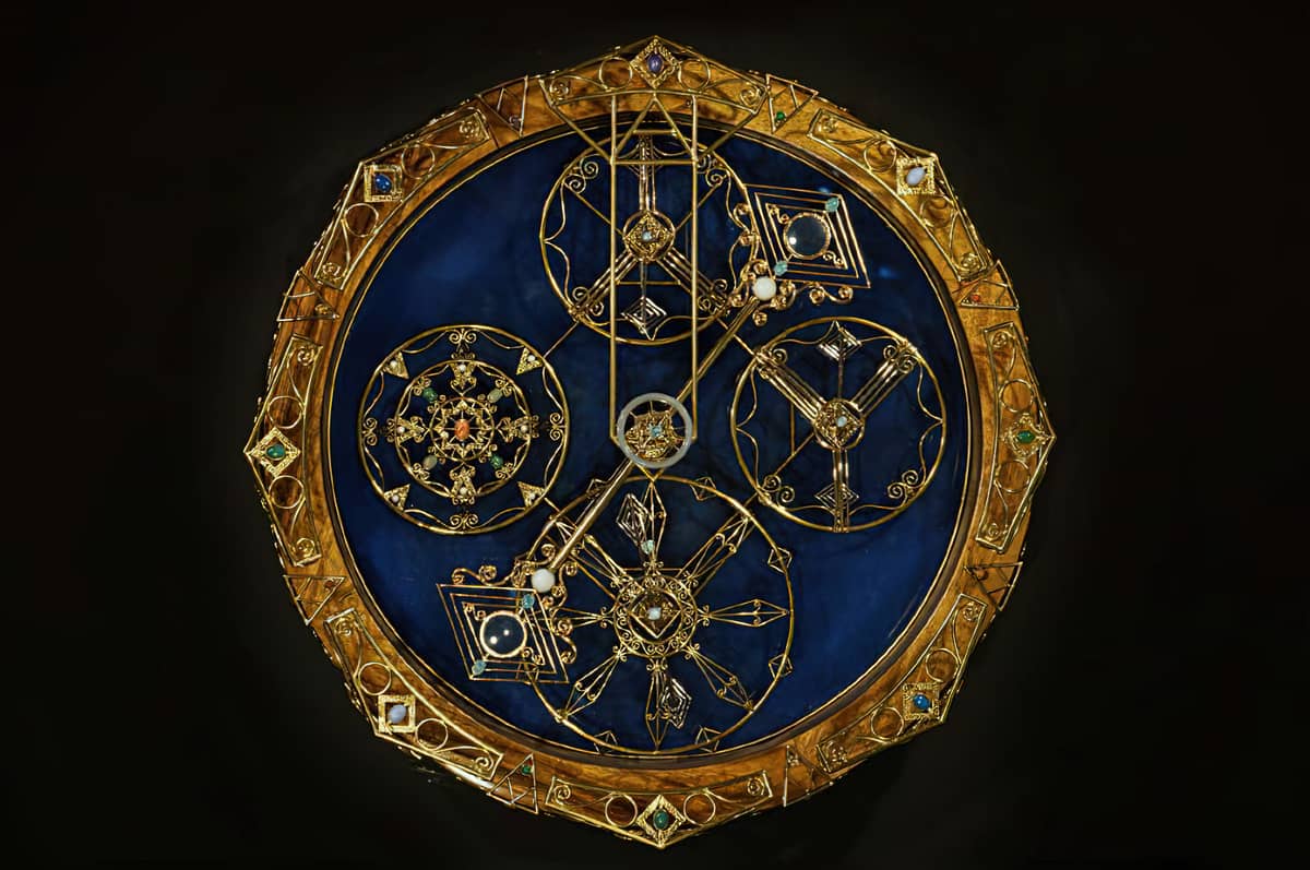 FENESTRA ‘Repertum Atlantis,’ 2022, Reimagined Aurichalcum with Blue Topaz, Chalcedony, Moonstone, Sunstone, Smoky Quartz, Lapis Lazuli, Carnelian, Agate and Pearls on hand-poured resin, in solid Mahogany frame, 72 x 72 cm.