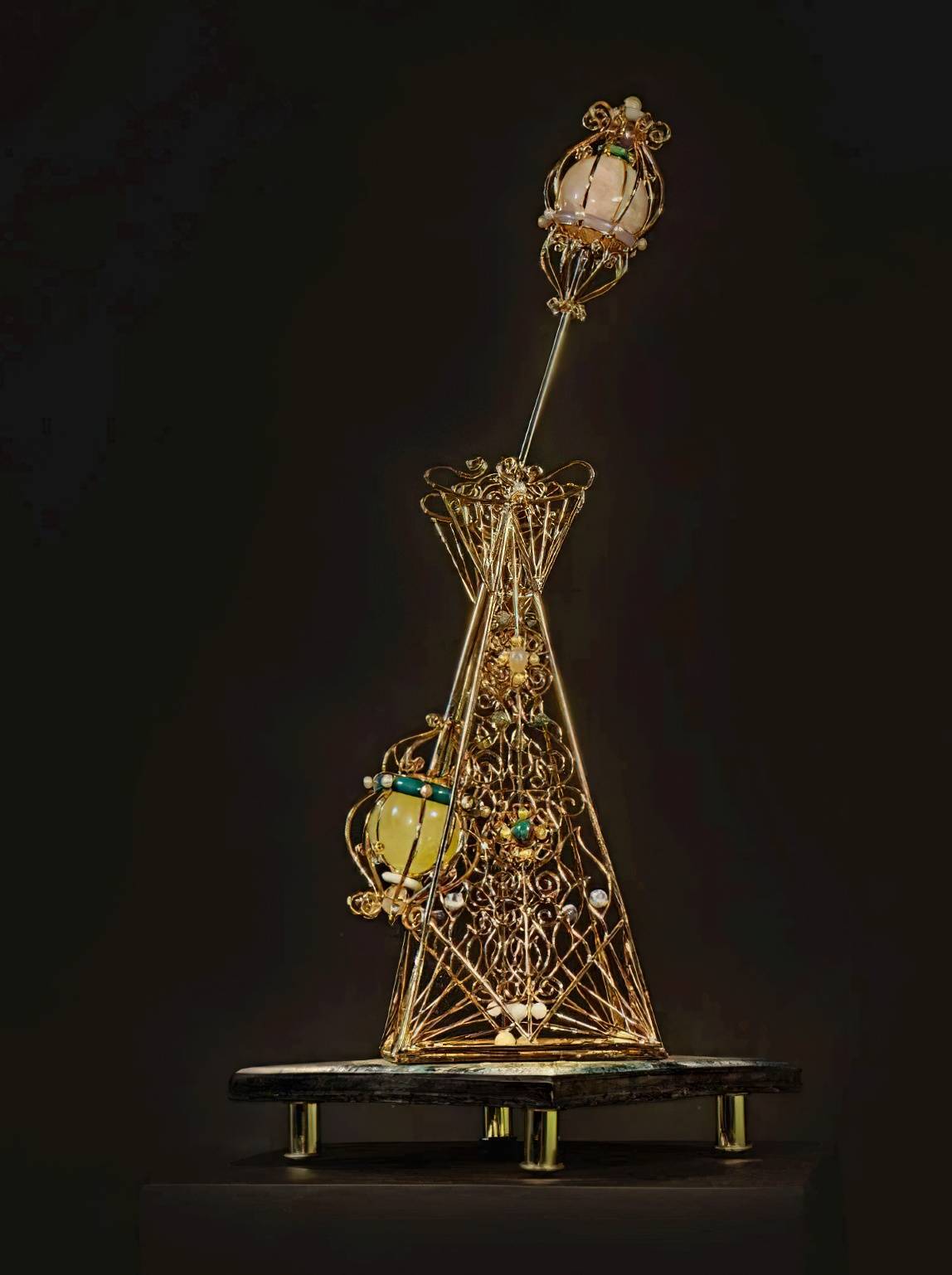 ROTUNDUM ‘Regius Sceptre II’ 2021, Reimagined Aurichalcum with Lemon Citrine, Amethyst, Garnet, Moonstone, Sodalite, Rose Quartz, Grey Eagle Eye, White Jade, Green Jade, Yellow Calcite, Jasper, Agate and South Sea Pearls on hand-poured resin, 72 x 28 x 28 cm.