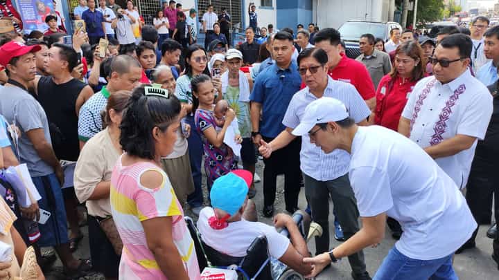 President Ferdinand Marcos Jr. visited Binondo fire victims on Monday morning, 25 May at Leonardo B. Fugoso Sports Complex with (from left to right) DSWD Secretary Rex Gatchalian, Manila Mayor Francisco "Isko Moreno" Domagoso and Manila Third District Representative Joel Chua. (PHOTO FROM DSWD-NCR)