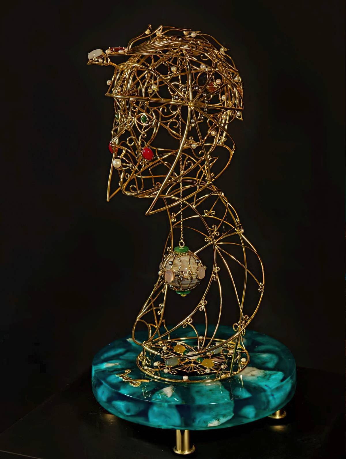 PERSONA ‘Infans Cleopatrae’ 2019, Reimagined Aurichalcum with Citrine, Rainbow Moonstone, Mystic Topaz, Green Jade, Rose Quartz, Onyz, Agate, Calcite, Marble and Pearls on hand-poured resin with Chrysocolla, 50 x 20 x 22 cm.