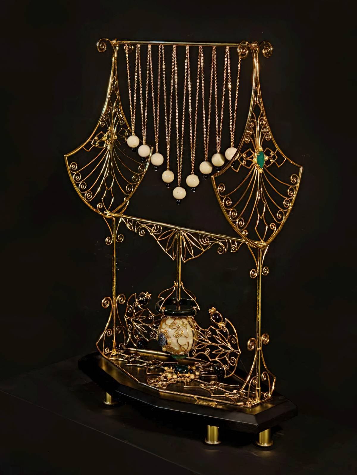 MESMERA ‘Galatea’ 2020, Reimagined Aurichalcum with Onyx, Green Jade, White Tuquiose, Agaten, Marble and Pearls on wood platform, 65 x 44 x 22 cm.