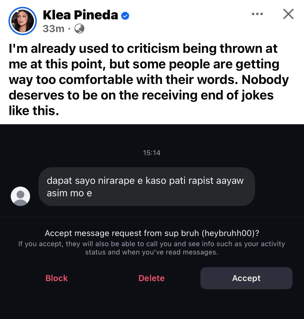 Klea Pineda calls out abusive online comment
