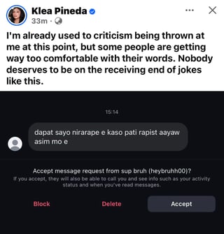Klea Pineda calls out abusive online comment
