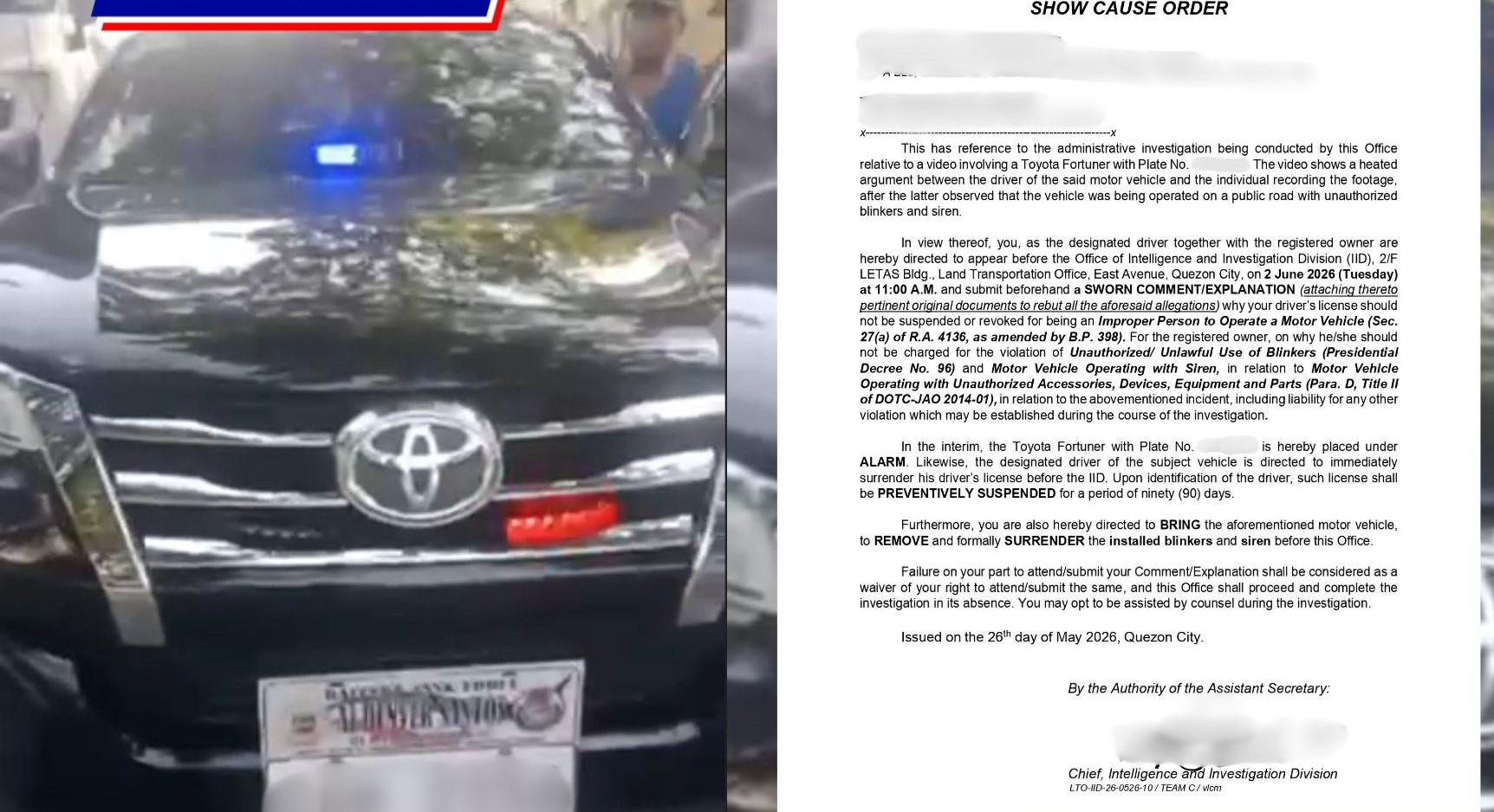 LTO issued show cause order to SUV with illegal blinkers and siren