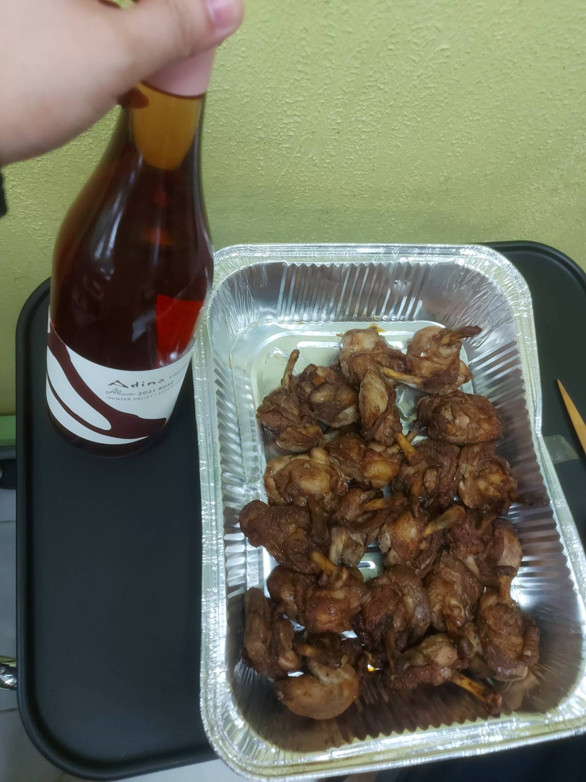 ADINA Alicia 2021 Rosé with marinated air-fried chicken lollipops as ‘pulutan.’