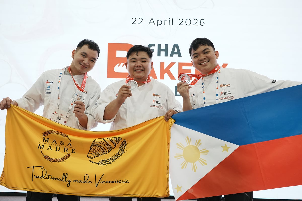 TEAM Philippines (from left) Lenard Sabellano, chef Kris Edison Tan and Bryan Co awarded Highest Silver honors in 2026 FHA Bakery Challenge.
