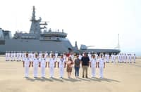 A photo opportunity during the Christening Ceremony of BRP Rajah Lakandula (PS21) held at Quay 7, Naval Operating Base-Subic, Zambales on May 26, 2026. (From left to right: Captain Angelito M Diaz PN(GSC) Commander of Submarine Group; Commodore Julius E Valdez PN, Deputy Commander NETC; Commodore Lorenzo H Bolor Jr PN, Chief of Fleet Staff; Commodore Raul A Regis PN, OCF Commander; Rear Admiral Joe Anthony C Orbe PN, PF Commander; Mrs. Ma Celeste A Orbe, wife of PF Commander and Vessel's Sponsor; Mrs. Maida B Bruce, wife of Atty Bruce; Atty. Roberto M. Bruce Jr., son of former Commanding Officer, ex-BRP Rajah Lakandula (PF4) and a PMA Cavalier Awardee 1983, Captain Roberto H Bruce PN(GSC)(Ret); Captain Steve C Morata PN(GSC), FTDC Superintendent; and Lieutenant Commander Aldwin R Pasicolan PN, Acting Commander, USVU).