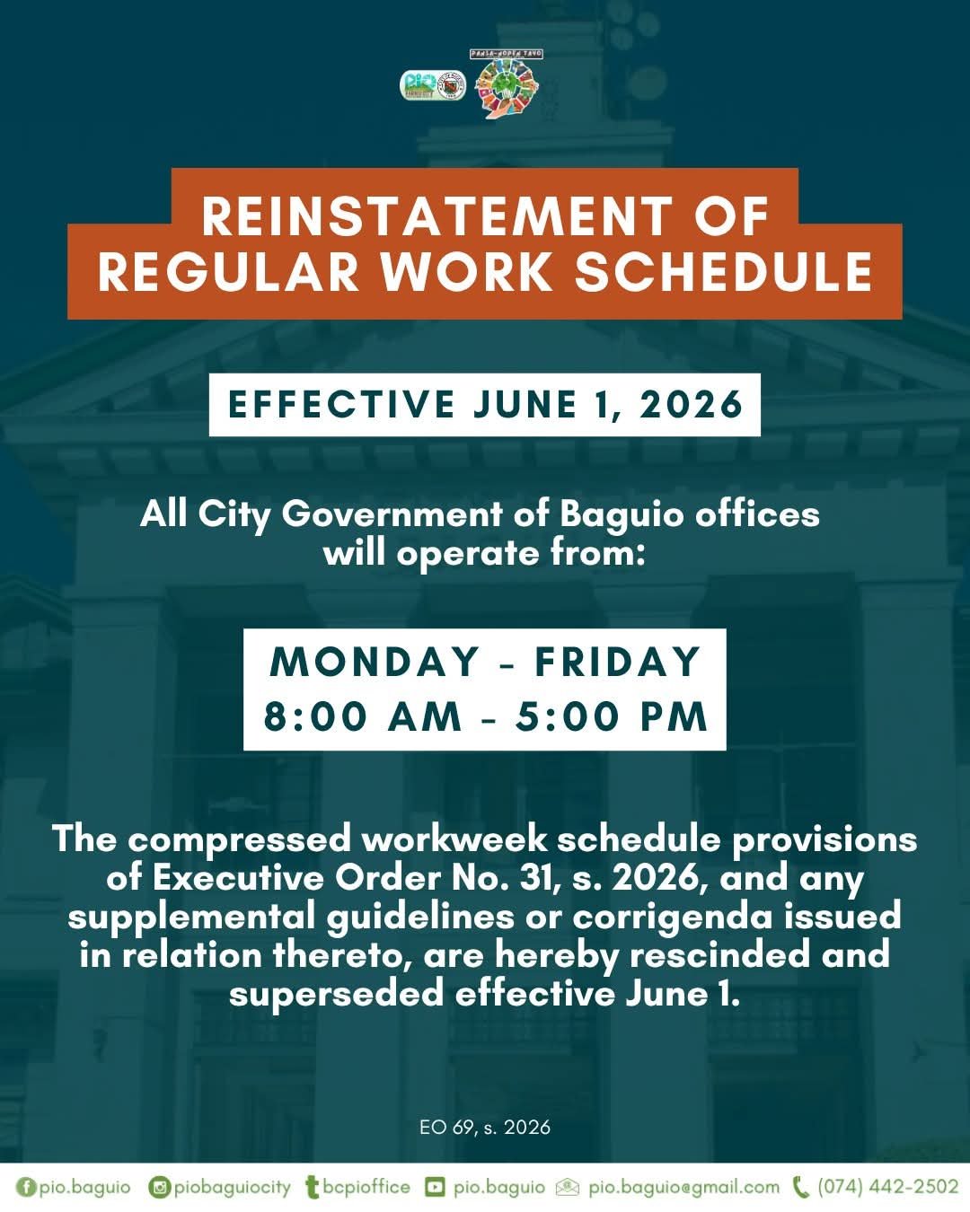 Baguio City Hall returns to five-day workweek starting 1 June