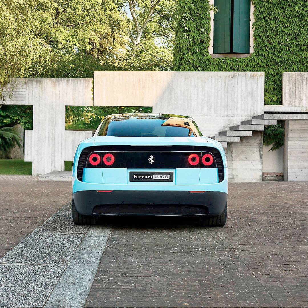 REAR view shows the Ferrari Luce with halo taillights that nod to the 360 Modena and 458 Italia.