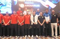 PBA commissioner Willie Marcial (at the back, second from right) presents Ginebra coach Tim Cone and TNT Tropang 5G mentor Chot Reyes together with the competitors in the PBA Season 50 Commissioner’s Cup best-of-seven finals series that starts on Wednesday.