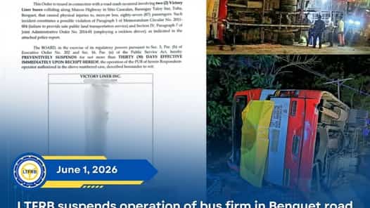 More than 90 passengers were left with varying injuries after 2 Victory Liner buses and 1 SUV crashed in Tuba, Benguet last Saturday, leading to the suspension of 26 Victory Liner buses while investigations on the incident are underway.