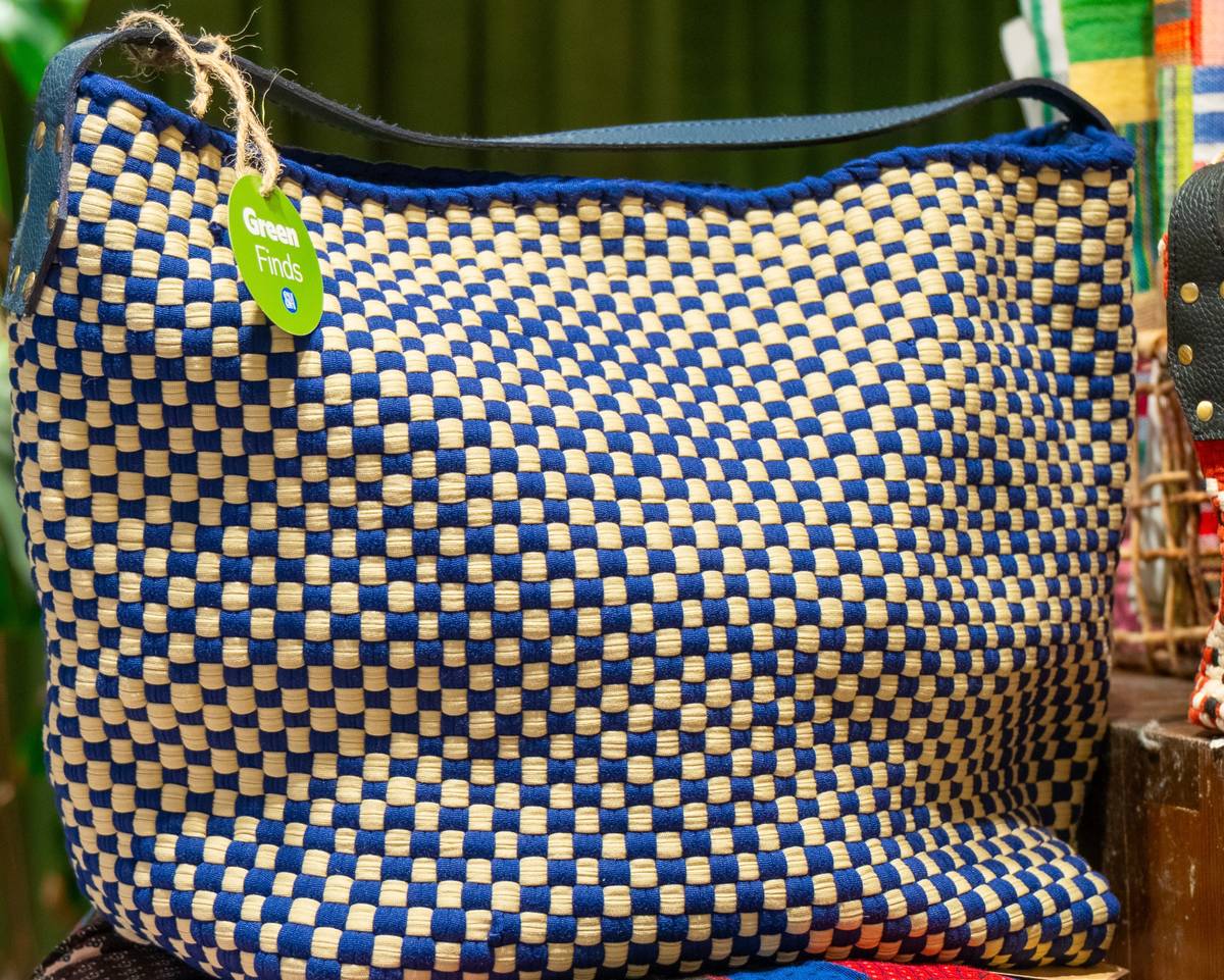 BUSLO Blocks Sunset woven tote bag.