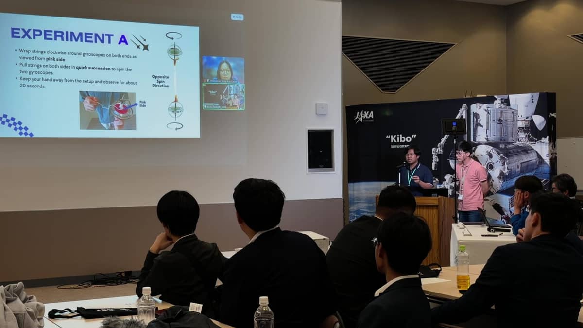 Christopher Tumamac and Ryan Andrew Doña present their experiment proposal at the Tsukuba Space Center, Japan./PHILSA