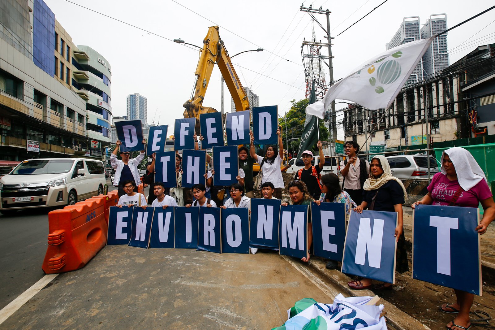 Youth Advocates for Climate Action Philippines protest San Miguel Corporation’s Southern Access Link Expressway (SALEX) project along Quirino Avenue in Manila on World Environment Day, 05 June 2026. Heritage advocates warn that at least 50 cultural and historical landmarks in the city are at risk of damage or demolition due to the construction. The Department of Environment and Natural Resources temporarily suspended the project's tree-cutting and earth-balling operations last week following intense public outcry.