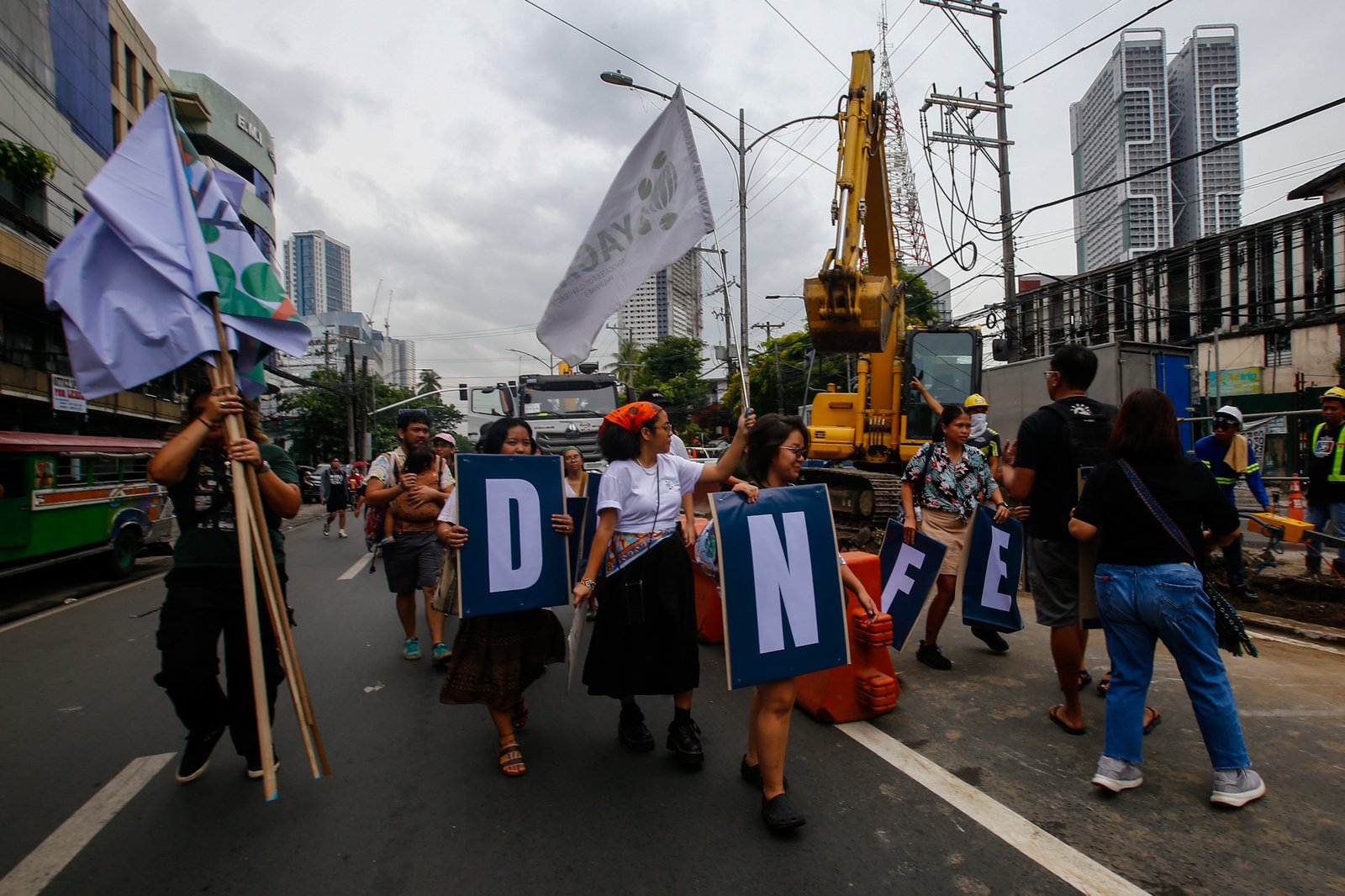 Youth Advocates for Climate Action Philippines protest San Miguel Corporation’s Southern Access Link Expressway (SALEX) project along Quirino Avenue in Manila on World Environment Day, 05 June 2026. Heritage advocates warn that at least 50 cultural and historical landmarks in the city are at risk of damage or demolition due to the construction. The Department of Environment and Natural Resources temporarily suspended the project's tree-cutting and earth-balling operations last week following intense public outcry.