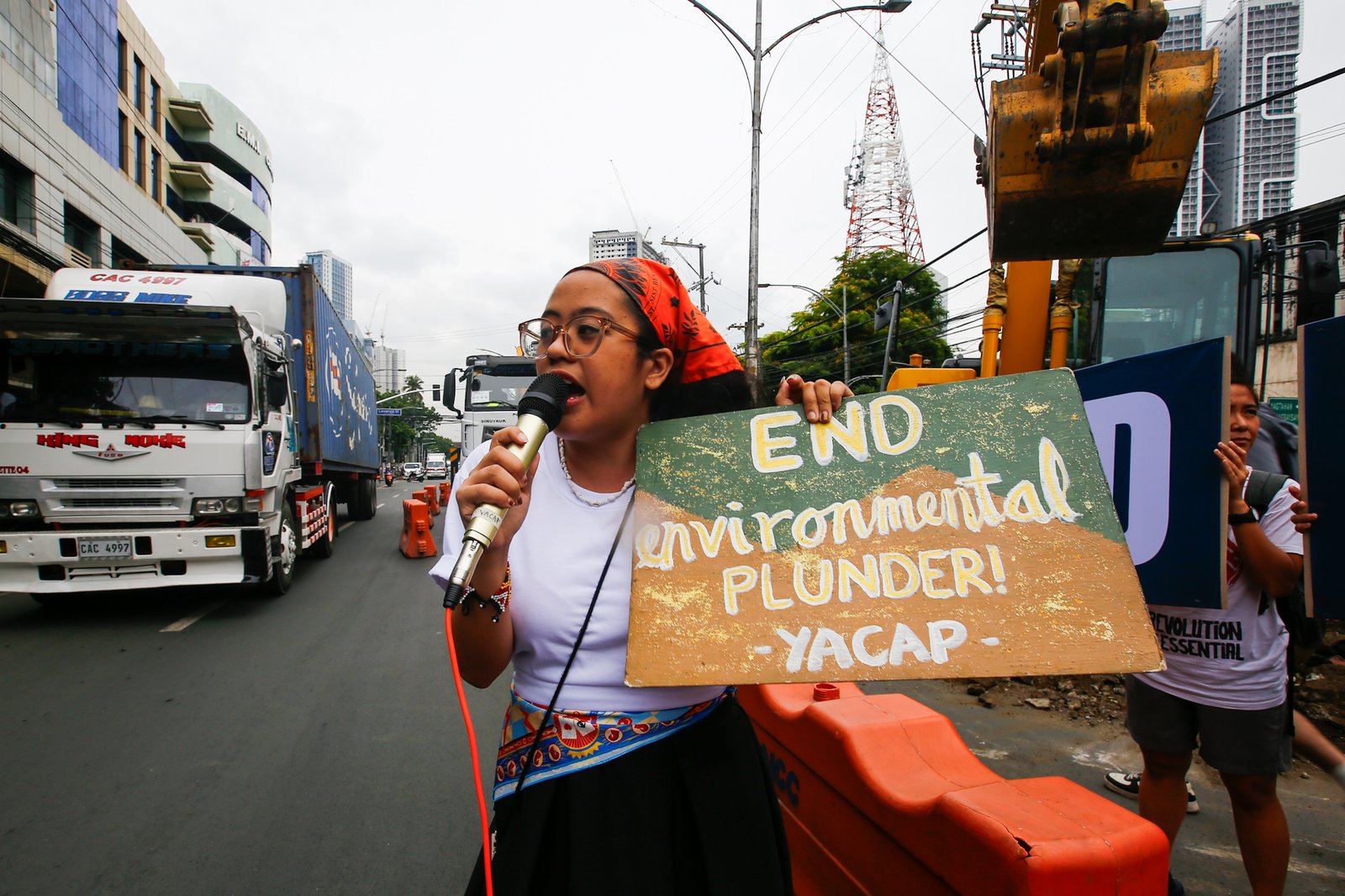 Youth Advocates for Climate Action Philippines protest San Miguel Corporation’s Southern Access Link Expressway (SALEX) project along Quirino Avenue in Manila on World Environment Day, 05 June 2026. Heritage advocates warn that at least 50 cultural and historical landmarks in the city are at risk of damage or demolition due to the construction. The Department of Environment and Natural Resources temporarily suspended the project's tree-cutting and earth-balling operations last week following intense public outcry.
