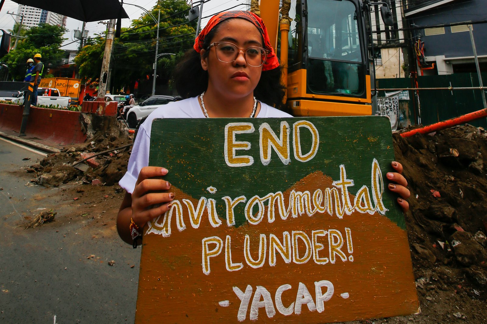 Youth Advocates for Climate Action Philippines protest San Miguel Corporation’s Southern Access Link Expressway (SALEX) project along Quirino Avenue in Manila on World Environment Day, 05 June 2026. Heritage advocates warn that at least 50 cultural and historical landmarks in the city are at risk of damage or demolition due to the construction. The Department of Environment and Natural Resources temporarily suspended the project's tree-cutting and earth-balling operations last week following intense public outcry.