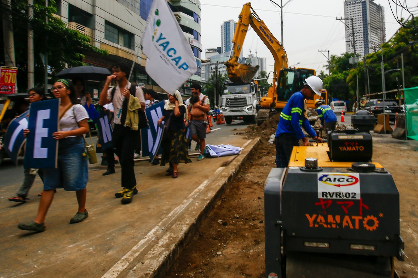 Youth Advocates for Climate Action Philippines protest San Miguel Corporation’s Southern Access Link Expressway (SALEX) project along Quirino Avenue in Manila on World Environment Day, 05 June 2026. Heritage advocates warn that at least 50 cultural and historical landmarks in the city are at risk of damage or demolition due to the construction. The Department of Environment and Natural Resources temporarily suspended the project's tree-cutting and earth-balling operations last week following intense public outcry.
