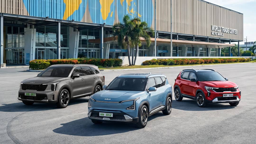 MOBILITY options from Kia Philippines gather outside the World Trade Center as the brand presents hybrids, EVs and crossovers at PIMS 2026.