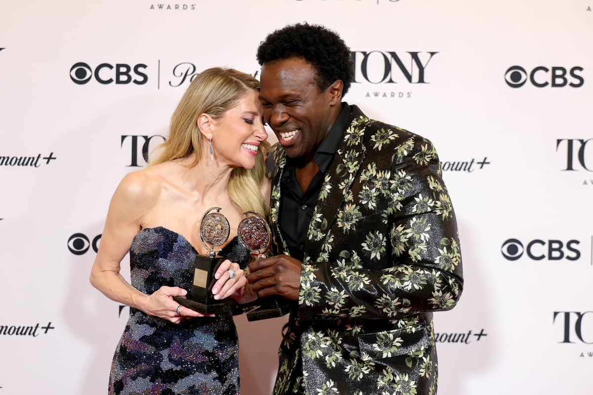 Caissie Levy, winner of the Best Performance by an Actress in a Leading Role in a Musical for 'Ragtime' and Joshua Henry, winner of the Best Performance by an Actor in a Leading Role in a Musical.